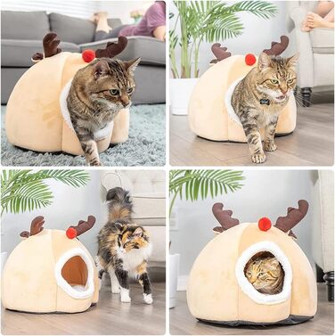 Кругле ліжко для домашніх тварин: котів, собак, кроликів. З м'якого матеріалу, у вигляді наметового будиночка з оленем на тему Різдва.