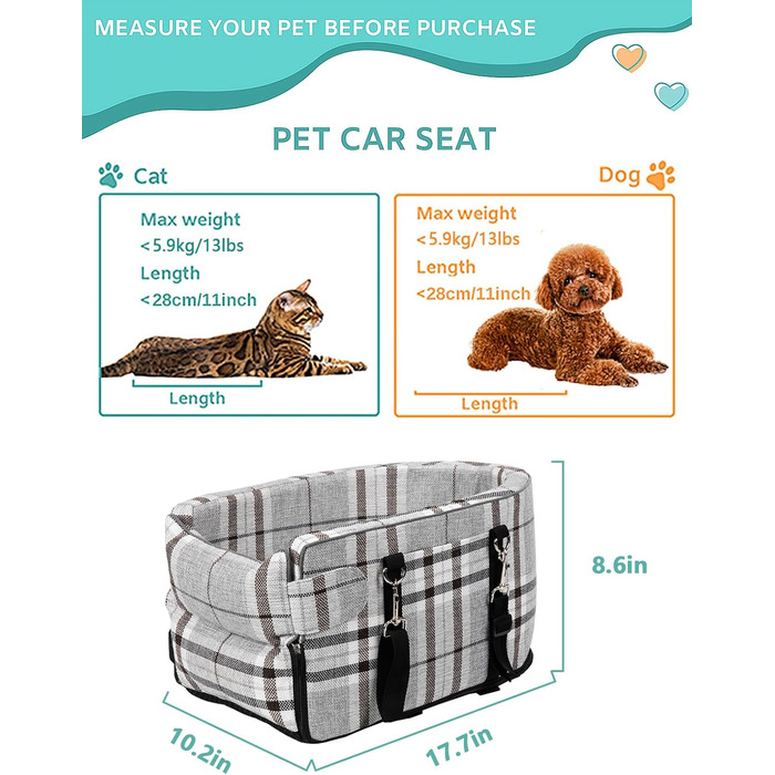 Автокрісло для собак маленьких порід, переносне автокрісло з м'яким, знімним, миючим подушечкою, для консолі авто, до 5,9 кг (сірий)