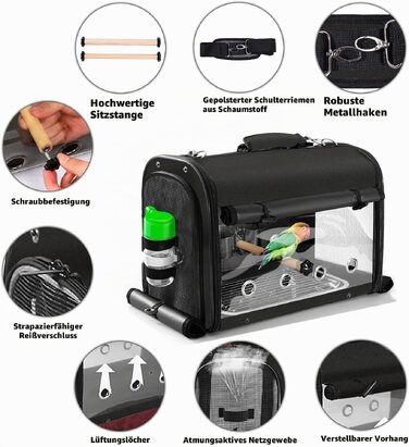 Транспортувальний рюкзак-переноска для птахів та папуг, дихаюча сумка-клітка з прозорим вікном та стійкою, великий розмір, чорний
