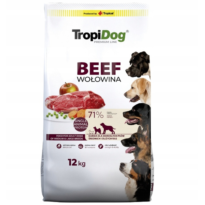 Сухий корм TROPIDOG PREMIUM для собак великих порід з яловичиною та рисом, без курки, 12 кг