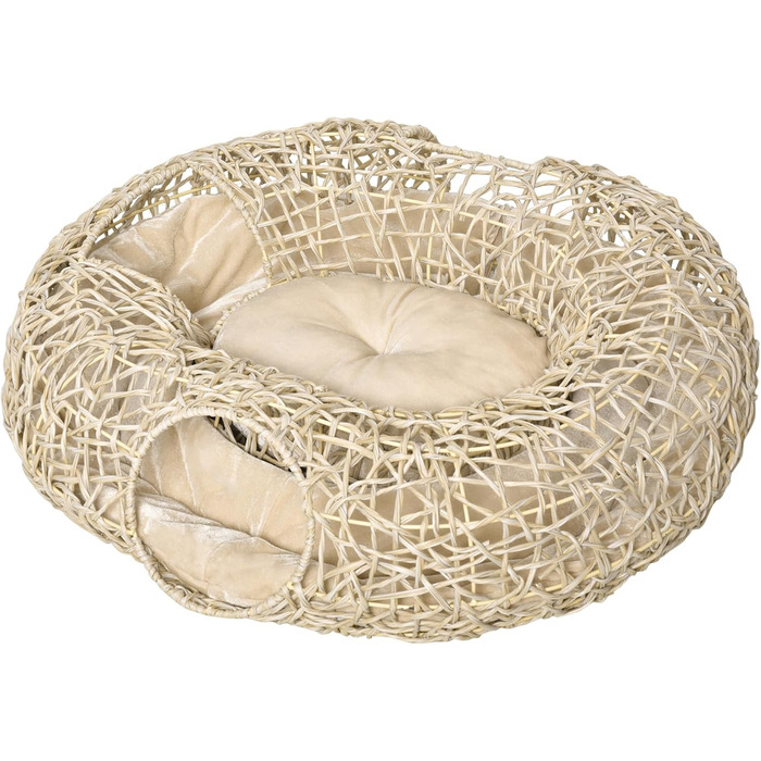 PawHut Корінь для котів з ротангу, 78x69x22 см, з м'яким подушкою, 3 входи, тунель для котів, натуральне дерево