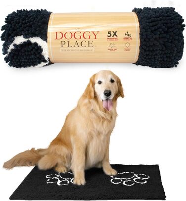 Килимок для собак My Doggy Place з мікрофібри для брудних лап, 91.4 x 66 см, швидковисихаючий, вбираючий, для прання та сушки в машині, з антиковзким гумовим покриттям (91 x 66 x 3 см, Чорний з відбитком лапи)