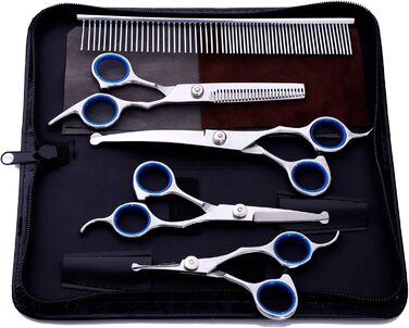 Набір професійних ножиць для грумінгу собак 9CR Edelstahl з безпечними закругленими кінцями. Комплект для стрижки та догляду за шерстю собак, котів та інших тварин. Включає ножиці для вирівнювання та розрідження шерсті, а також гребінець.