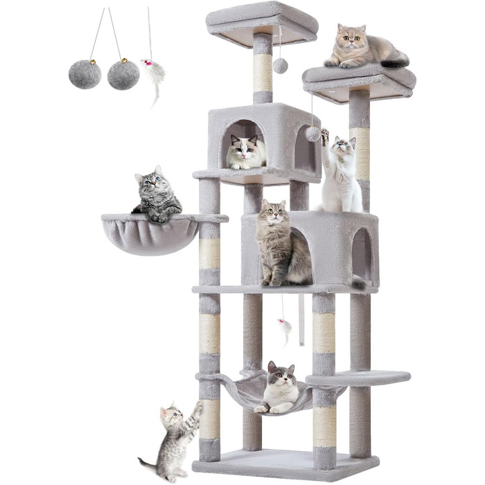 Дерево для котів Taoqimiao 170 см, велике, з будиночками, гамаком, корзиною, 8 стовпчиками для шліфування, 2 платформами, сірий MS013W