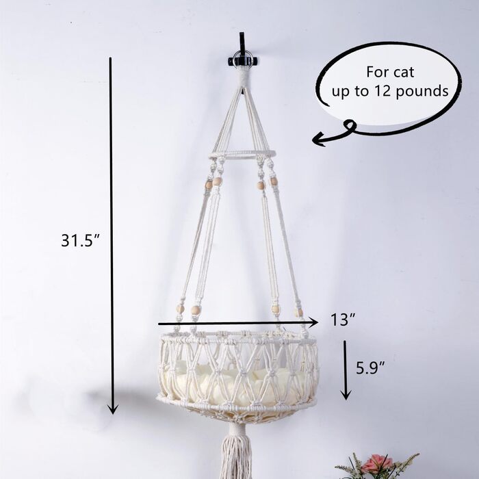 Котяча гамака SHENGOCASE макраме Boho з 3 рівнями, настінне підвісне ліжко для котів, 33 см, з кріпленням, для домашніх котів