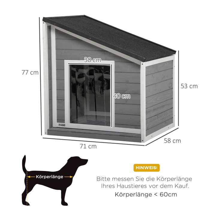 PawHut Dog House Атмосферостійка будка для собаки з ялинового дерева з асфальтовим дахом і дверною шторою сіра 71x58x53/77см для маленьких собак