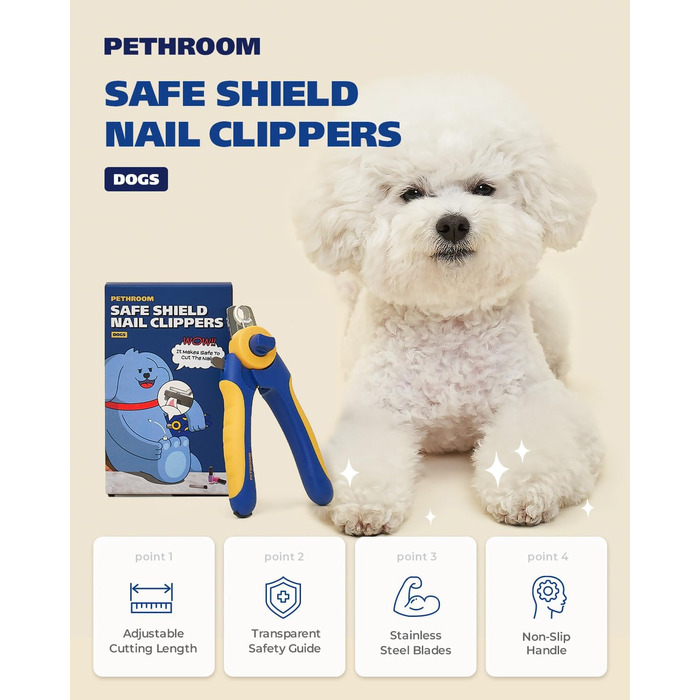 Професійний обрізач кігтів для собак PETHROOM з прозорим захистом та пилкою, регульована довжина зрізу, нержавіюча сталь, преміум-якість