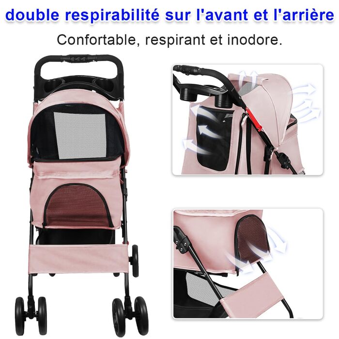 Дитяча коляска для собак та котів Homewell, складана, до 20 кг, з ременями на плече, багажником та тримачем для напоїв (Рожева)