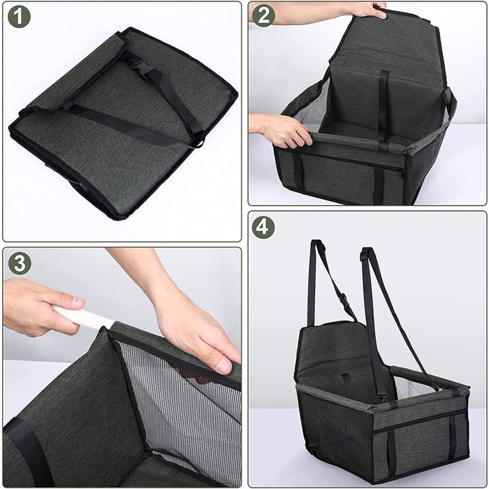 Автомобільний крісло для собак на переднє сидіння - чорний/сірий, з ременем безпеки, водонепроникний, складаний, для малих та середніх порід