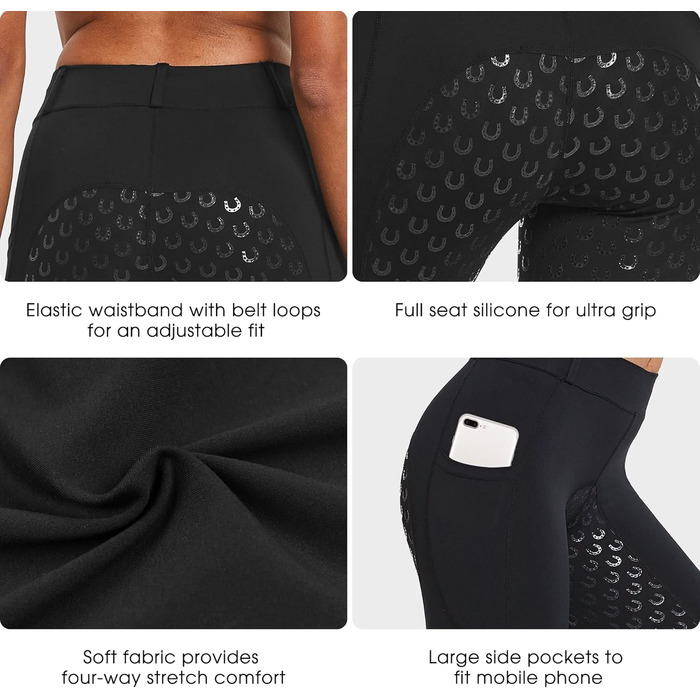 Легінси для верхової їзди жіночі FitsT4 Sports з силіконовим покриттям, кишенею для телефону та петлями для ременя, чорні, XL