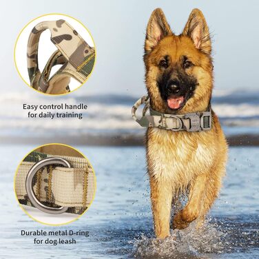 Тактичний нашийник для собак Huntvp, регульований, з ручкою контролю, з нейлону, з підкладкою, металева застібка, для середніх собак, для полювання, тренувань, активного відпочинку, камуфляж M