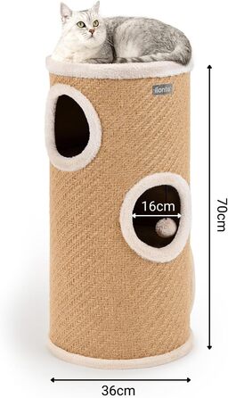 Котячий когтетоп Lionto з сизалю з іграшковим м'ячиком та плюшевим обідком, висота 50 см. Стабільний когтетоп для кошенят та дорослих котів, ідеальний догляд за кігтями та розваги, багато місць для хованнів, діаметр 36 см, висота 50 см (джут, висота 70 см