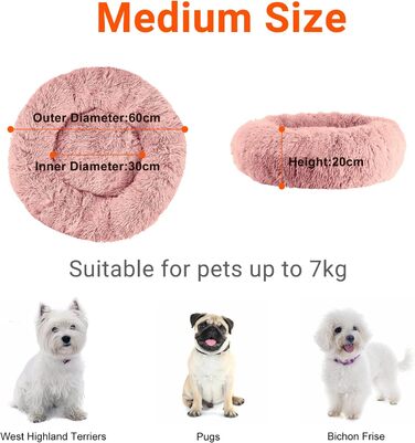 OKPOW Крізьке ліжко для собак: м'яке, кругле ліжко для цуценят, анти-страх, комфортне ліжко для котів, плюшеве ліжко для домашніх тварин, пральне, Ø60см, рожеве (M)