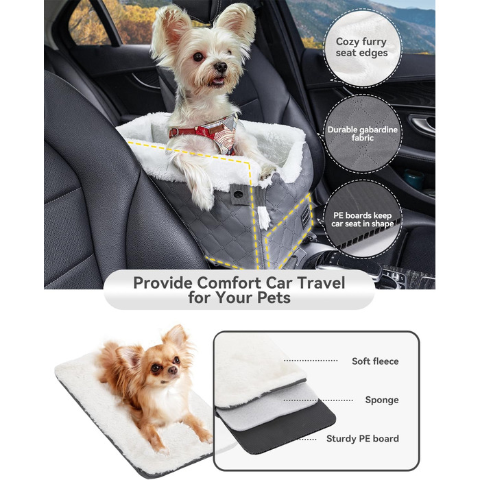 Автокрісло для собак PETSFIT - середньою консоллю, для маленьких собак до 4 кг, сірий колір