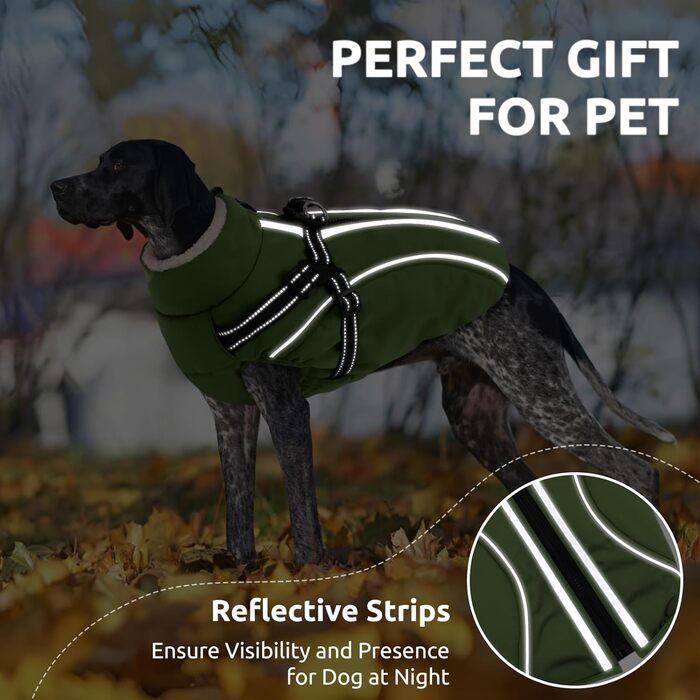 Зимовий теплий одяг для собак з блискавкою, вітронепроникний, з відбиваючими смугами та нагрудником для малих, середніх та великих собак, зелений, розмір M