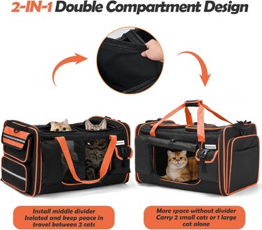 Транспортна переноска для котів Odoland, 60x38x35 см, розширювана, з туалетом для котів, з плечовим ременем, ідеальна для подорожей