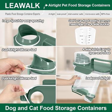 Контейнер для корму для собак, велика воронка, BPA-free, 1.4-2.3 кг, пластиковий контейнер для кормів, 4 герметичні закриття, 1 мірний стакан та ручка, авокадо-зелений (3 л + 5 л)