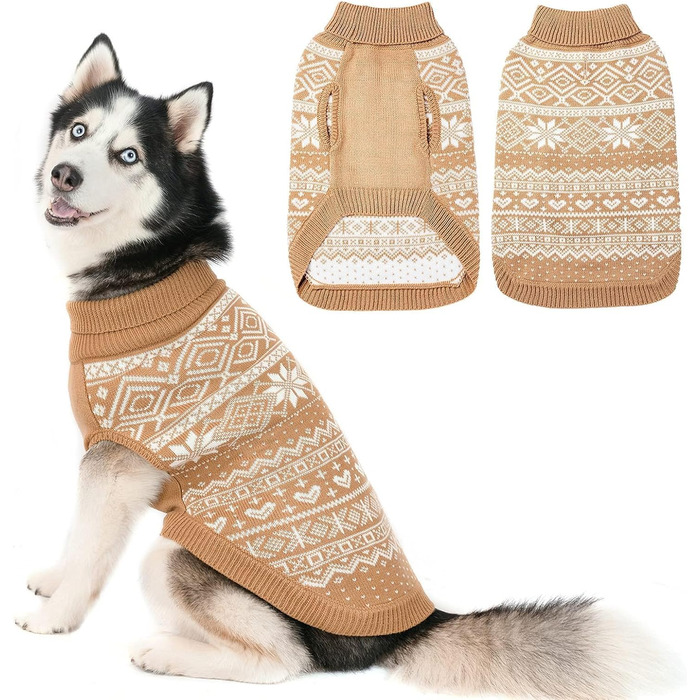 Теплий зимовий пуловер для собак та котів Bingpet з малюнком сніжинок, бежевий (M)