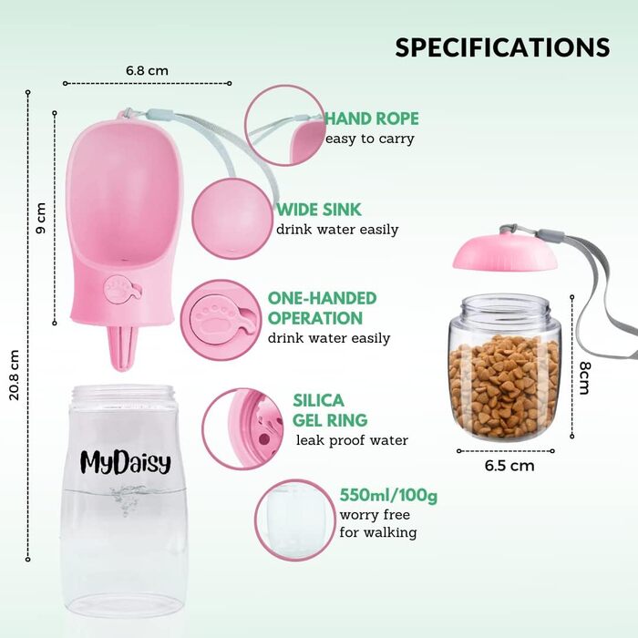 Водяна пляшка для собак на ходу 550 мл з контейнером для корму 100 г - витоку небезпечна водяна пляшка для собак з великим об'ємом, підходить для собак і цуценят, аксесуари для собак в дорогу (рожевий)