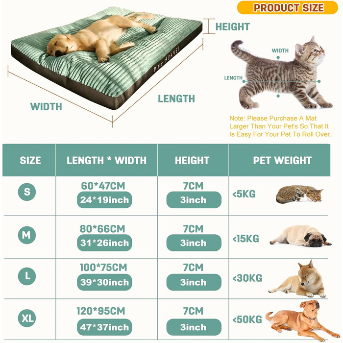 Килимок для собак Petcute великих та середніх порід, м'який, знімний, дихаючий, з неслизьким дном, зелений