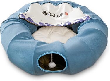 ALLSOPETS Котяче ліжко-тунель 2 в 1, кругле складне іграшкове тунель-ліжко для котів, кошенят, кроликів, цуценят і дрібних тварин, з 1 підвісною кулькою-кігтеточкою, синє