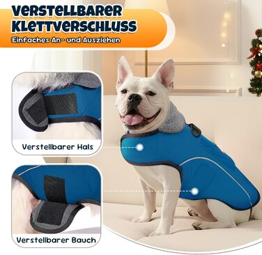 Тепла куртка для собак на зиму Nasjac: водонепроникна, з флісовою підкладкою та світловідбиваючими смугами, для середніх та великих собак (Темно-синій, L)