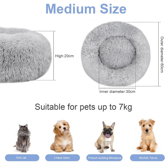 Заспокійливе ліжко для собак знімний чохол, миється, ліжко-пончик проти тривоги, м'яке, кругле, затишне, плюшеве, тепле, 60 см, світло-сірий, зовнішній діаметр 60 см (M), чорний
