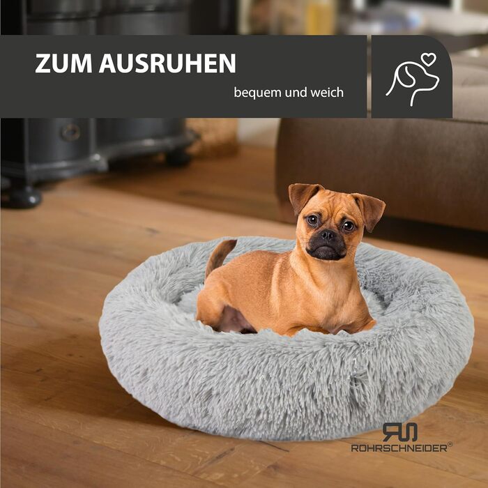 Кругле ліжко для собак Donut від Rohrschneider | З набором пакетів для збору відходів | М'яке ліжко для великих собак | Кругле собаче ліжко з великим подушкою | Ліжко для тварин, що можна прати | Корзина для собак, м'яке ліжко | Розмір L, діаметр приблизн