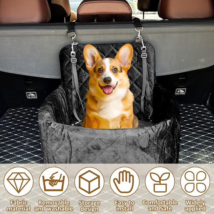 Автокрісло для собак: чорне, 40x40x35 см, для маленьких та середніх порід, з 2 ременями кріплення