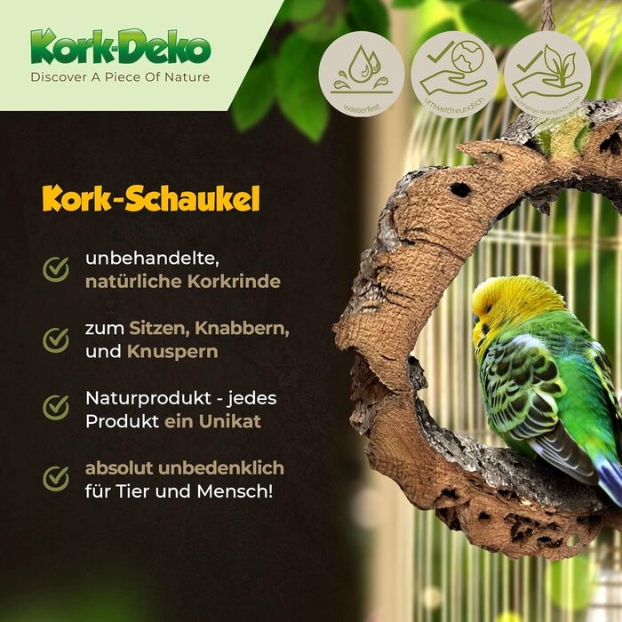 Кругла гойдалка для птахів і гризунів з натуральної коркової кори, іграшка для розваг, гризіння та чищення дзьоба, дезінфікована, з карабіном з нержавіючої сталі