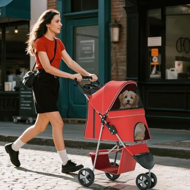 Візок для тварин: для собак та котів, 3 колеса, складний, з кошиком та тримачем для напоїв (червоний)