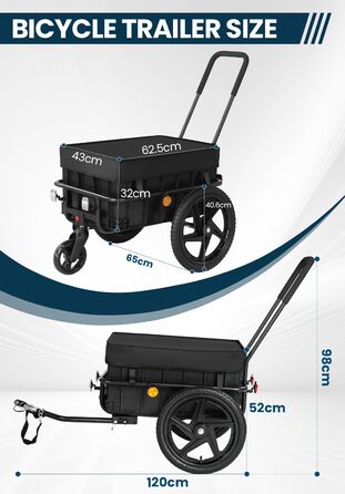Велосипедний причіп 2-в-1 з ручкою для штовхання, міцний сталевий каркас, колеса 40 см, вантажопідйомність до 40 кг, чорний