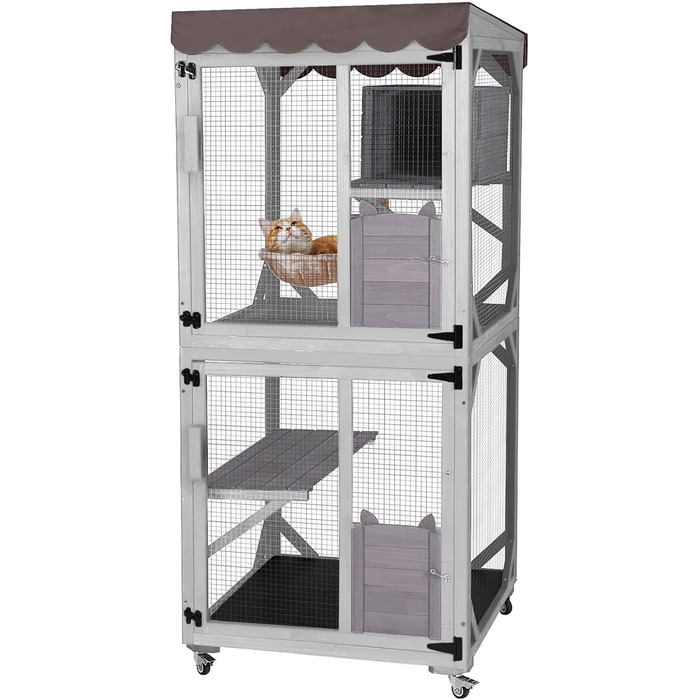 X-ZONE Кiтiо для кота на колесах: будиночок з ліжком, когтеточкою та платформами, водовідштовхувальне покриття (сірий), 80x80x182.5 см