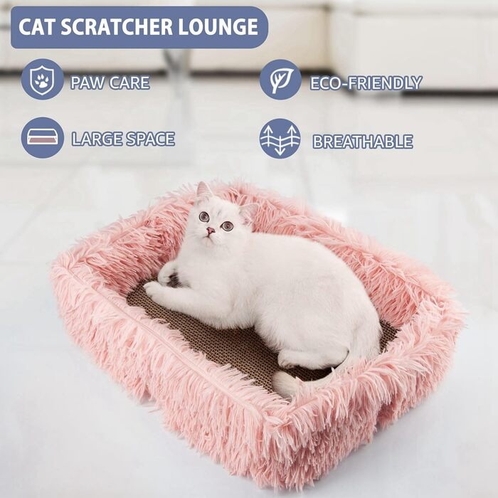 Котячий когтеточка з картону з коробкою, міцна велика ліжко для котів, м'яка когтеточка з гофрокартону, знімна, двостороння, захист меблів (44×34×14см), рожевий колір