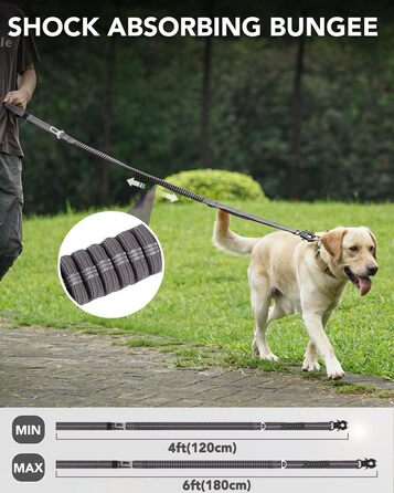Тактична повід для собак Joytale, еластичний (bungee) повід з двома м'якими ручками, автофіксатор, повід без ривка для собак середніх, великих та екстра-великих порід (1.2м-1.8м, сірий)