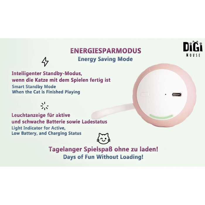 DigiMouse інтерактивна іграшка для котів з голосовою активацією, 4 змінними пір'їнами, котячою м'ятою, електричний котячий м'яч, LED-підсвітка, USB-C