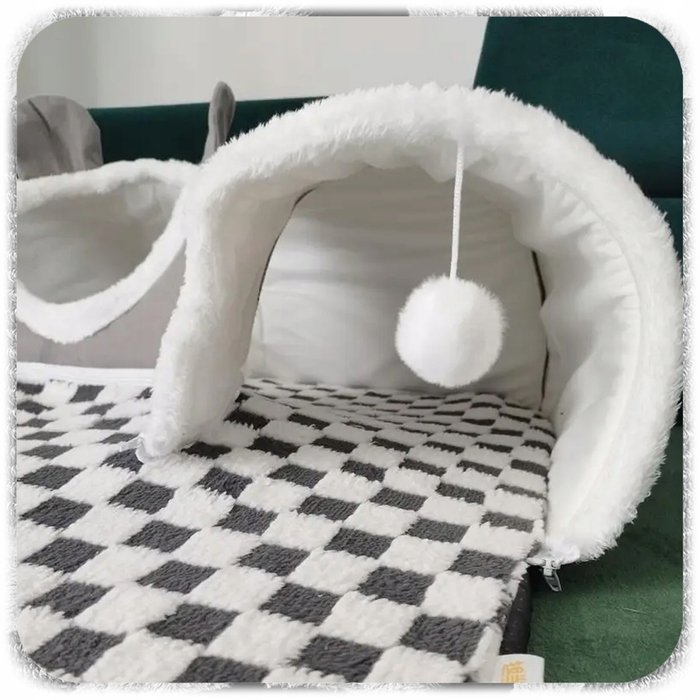 Плюшеве ліжко-шахівниця для котів з тунелем 2в1, сіре, розмір XL 86x70x26 см