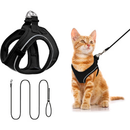 Нашийник для котів Qianruida з повідком, регульований, зручний, дихаючий, світловідбиваючий (Чорний XS)