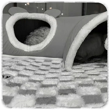 Плюшеве ліжко-шахівниця для котів з тунелем 2в1, сіре, розмір XL 86x70x26 см