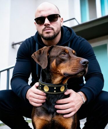 Шкіряний нашийник для собак, 5 см, ручної роботи, преміум-якість, для великих та середніх порід, золото-чорний, розмір M (46.5-57.5 см)