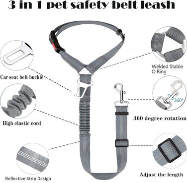 Нашийник для собак у багажник авто, 2 шт. - фіксація, безпека, комфорт під час подорожей, для всіх порід, з еластичною амортизацією та міцними карабінами (сірий)