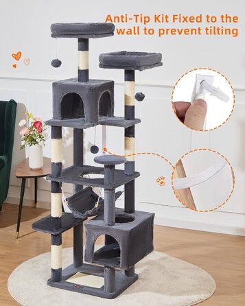 Дряпка для котів Taoqimiao MS020SG, котячий комплекс для дому, м'який будиночок з 6 стовпчиками, 2 лежаками, 2 домівками, гамаком і 3 іграшками-помпонами, сірий