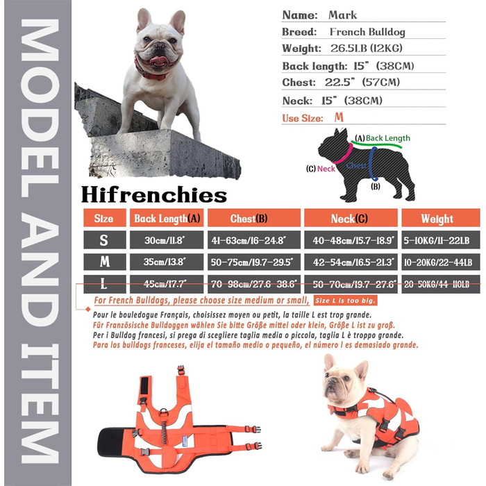 Рятувальний жилет для собак Hifrenchies Французький бульдог, розмір M, дизайн 'Клоун-рибка'