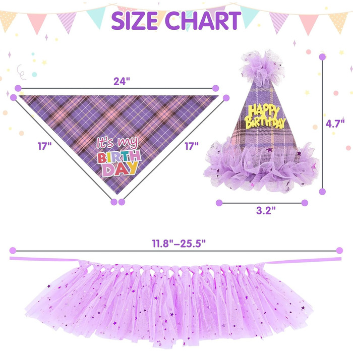 Сукня для собак SCENEREAL на весілля: комплект з банданою, комірцем та короною. Костюм для дівчаток, цуценят, кошенят, середніх та великих собак. Білий колір (Весільний) з фіолетовим клітинкою (для дня народження).