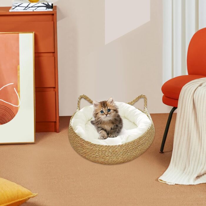 Кігтеточка-ліжко для котів з соломи та м'яким подушкою, 43 см, зручне ліжко для кошенят, ліжко для котів + біле подушко + об'ємні подушки