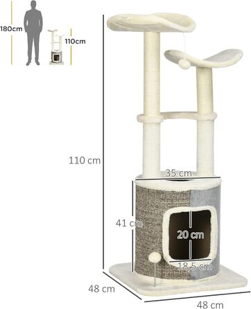Котячий будиночок PawHut 110 см з когтеточкою, платформою та іграшкою, котячі меблі, кремовий