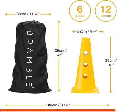 Набір для координації Bramble 18 шт. з сумкою - конуси та штанги для футболу, спорту, тренувань (діти, дорослі, собаки)