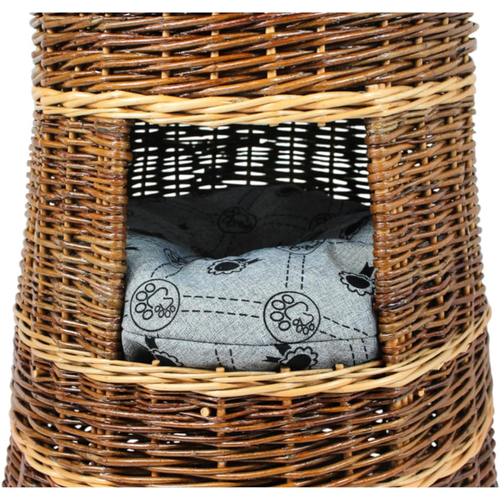 Корзина для котів для сну – котяча хатинка для дому – розмір 43 x 49 x 70 см, кругла – котяча печера з лози, трирівневе ліжко для собак або котів з пральним подушками в бежевому кольорі – лакована корзина (подушка світло-сіра)