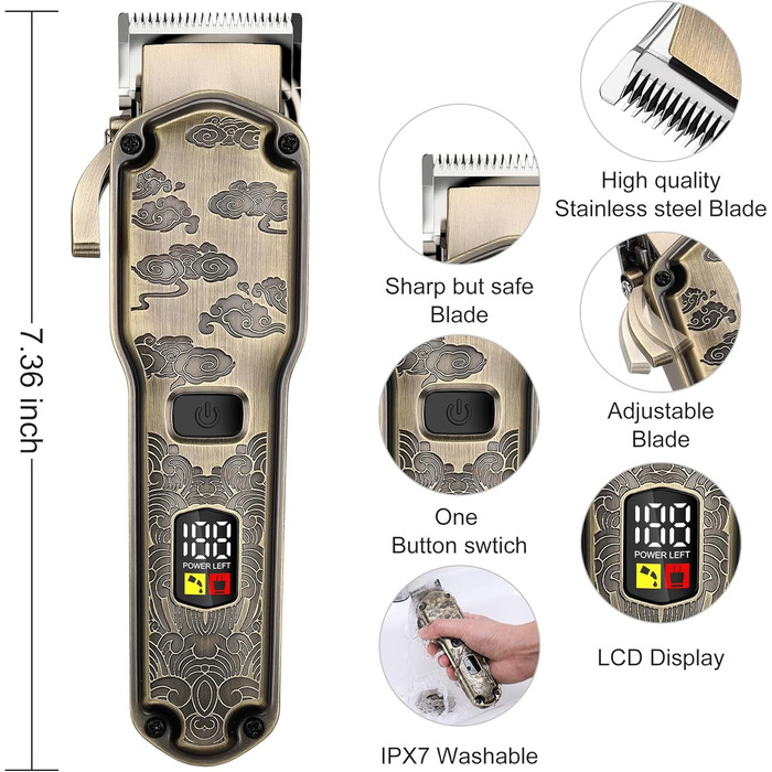 Електричний триммер Hatteker для чоловіків: професійний набір для стрижки бороди, волосся та тіла. Вологостійкий, з T-подібною насадкою, бронзового кольору