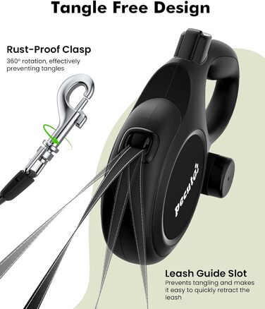 Рулетка для собак Pecute 8м, бісостійка, з набором для збору відходів, 360° без перекручування, чорна (до 50кг)